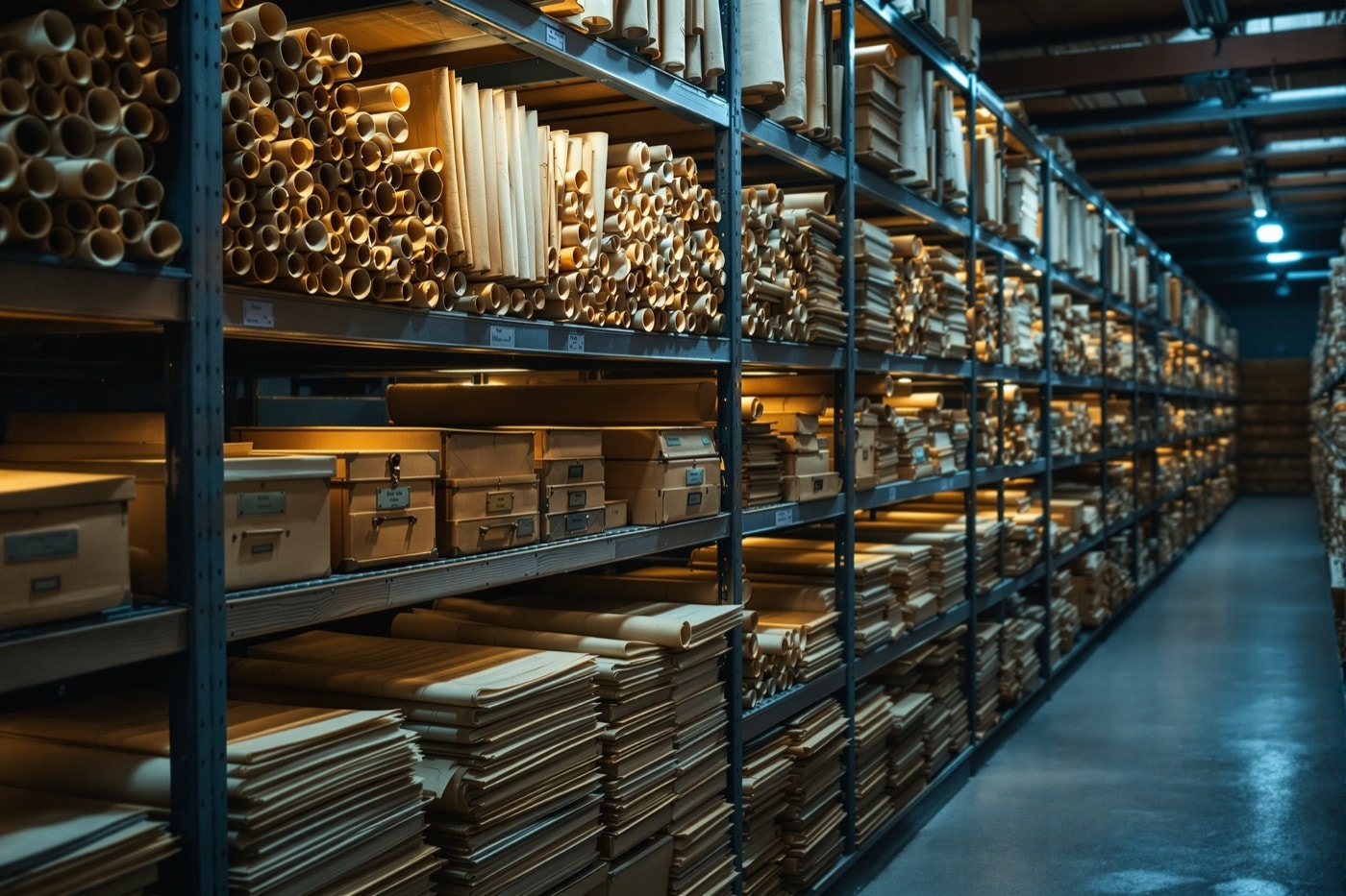 Archival storage boxes and rolled documents on shelving in a historical document archive