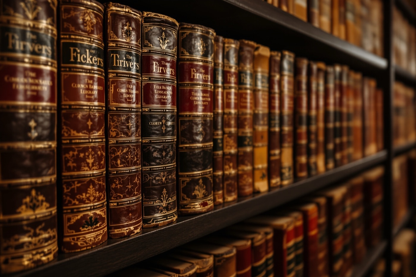Shelves of antique leather-bound books and bound periodical volumes in a historic library