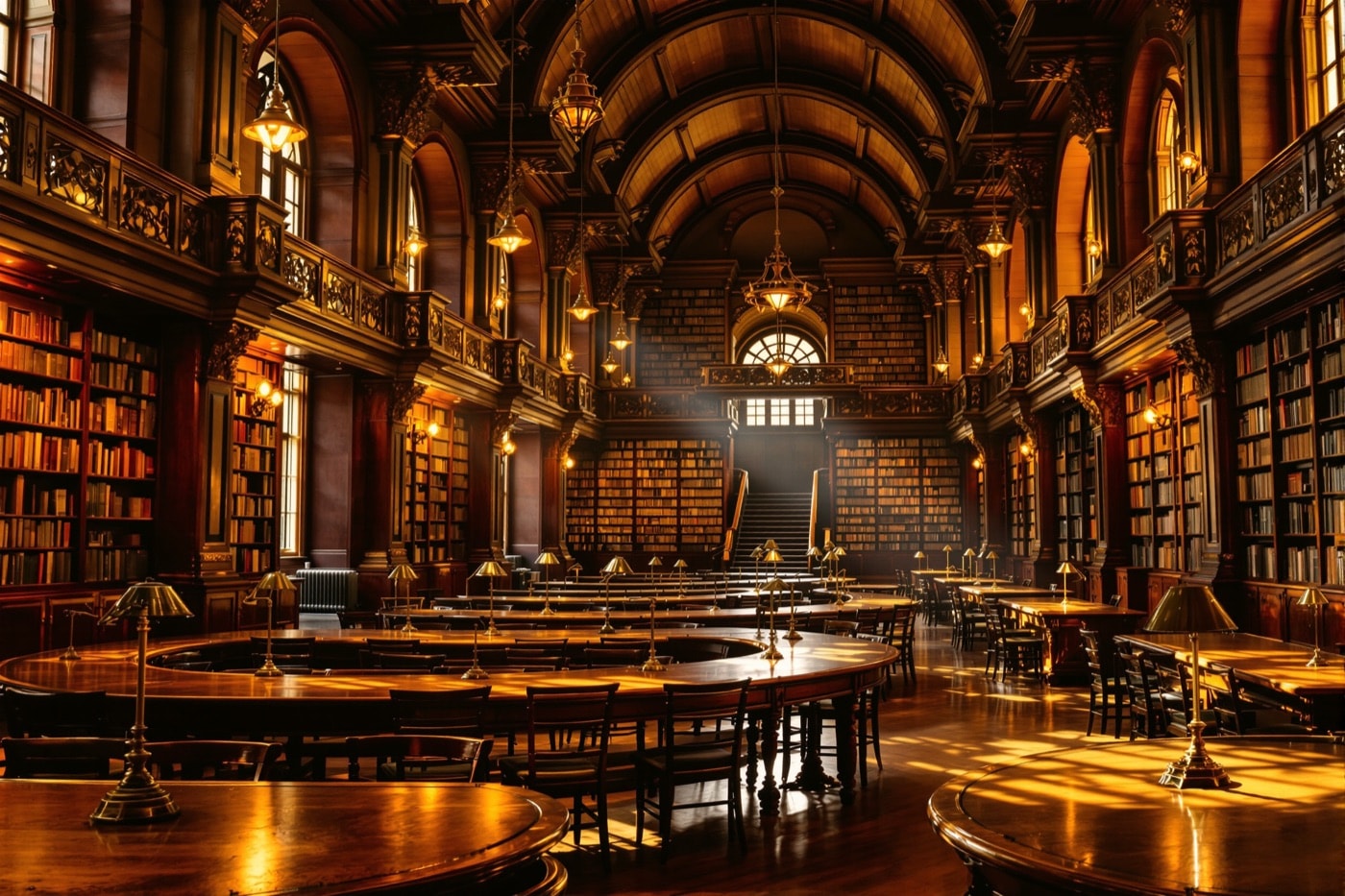 A peaceful historic library reading room with long tables and tall bookshelves