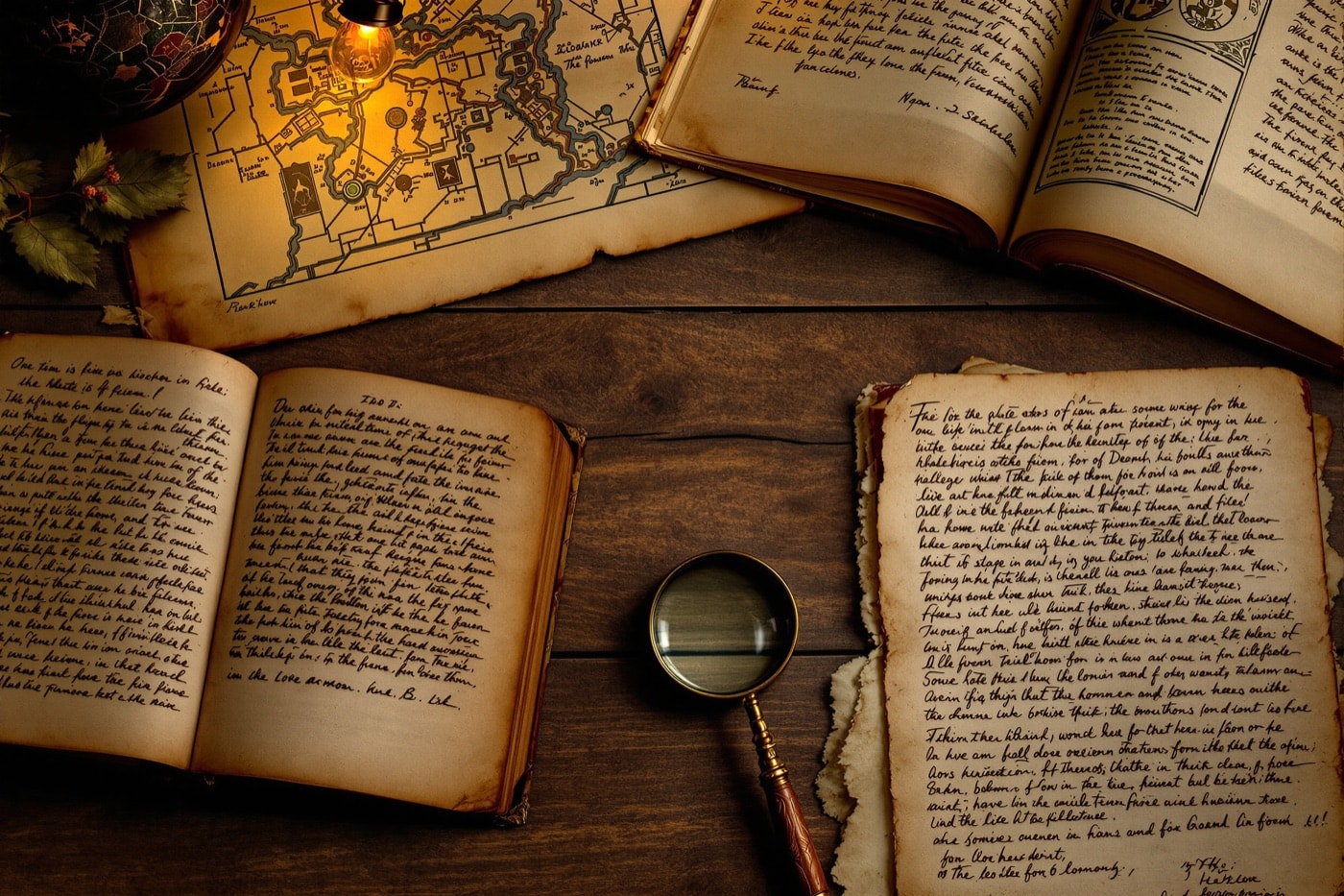 Old open books and manuscripts with a magnifying glass on a wooden table
