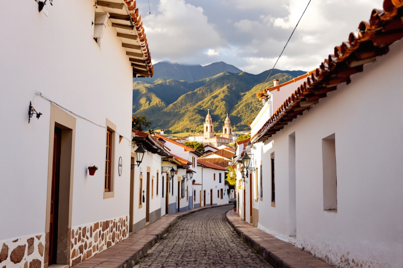 A cobblestone street lined with whitewashed colonial buildings in an Andean town