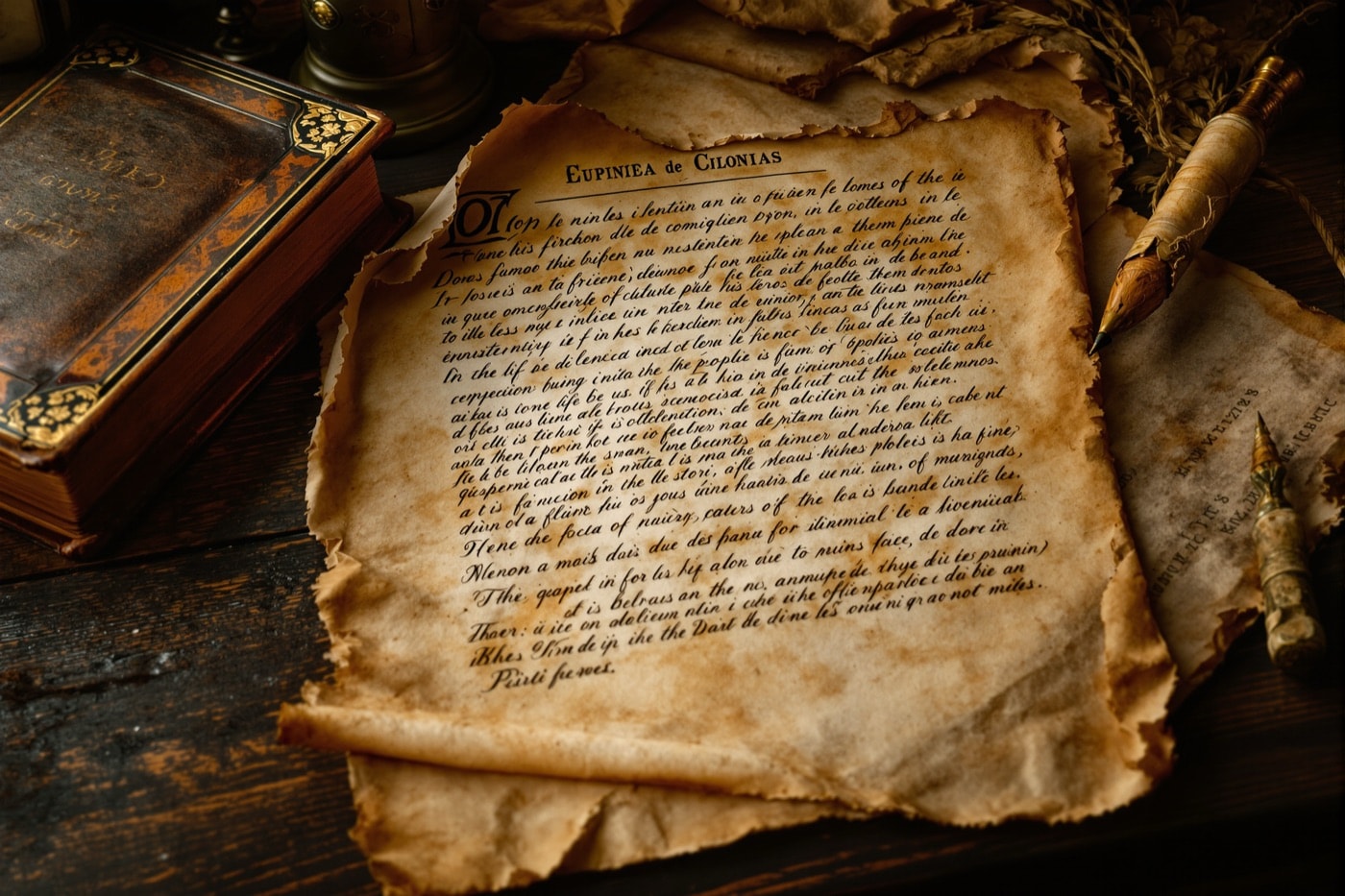 Antique Spanish colonial manuscripts and parchment documents on a wooden table