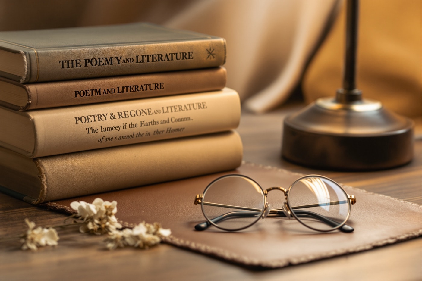 A stack of old literary books beside vintage reading glasses on a wooden desk