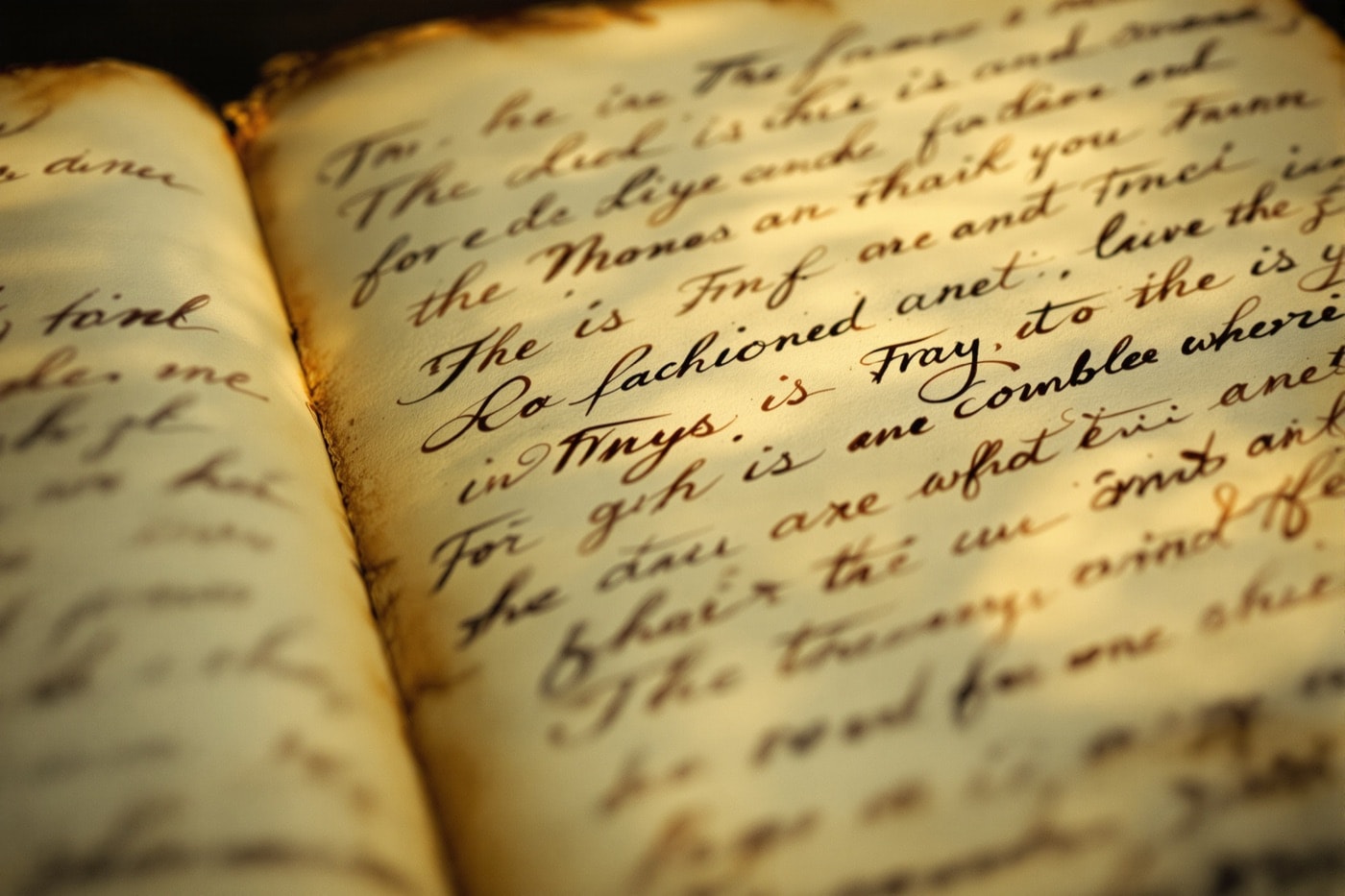 Close-up of an old handwritten historical diary on aged paper