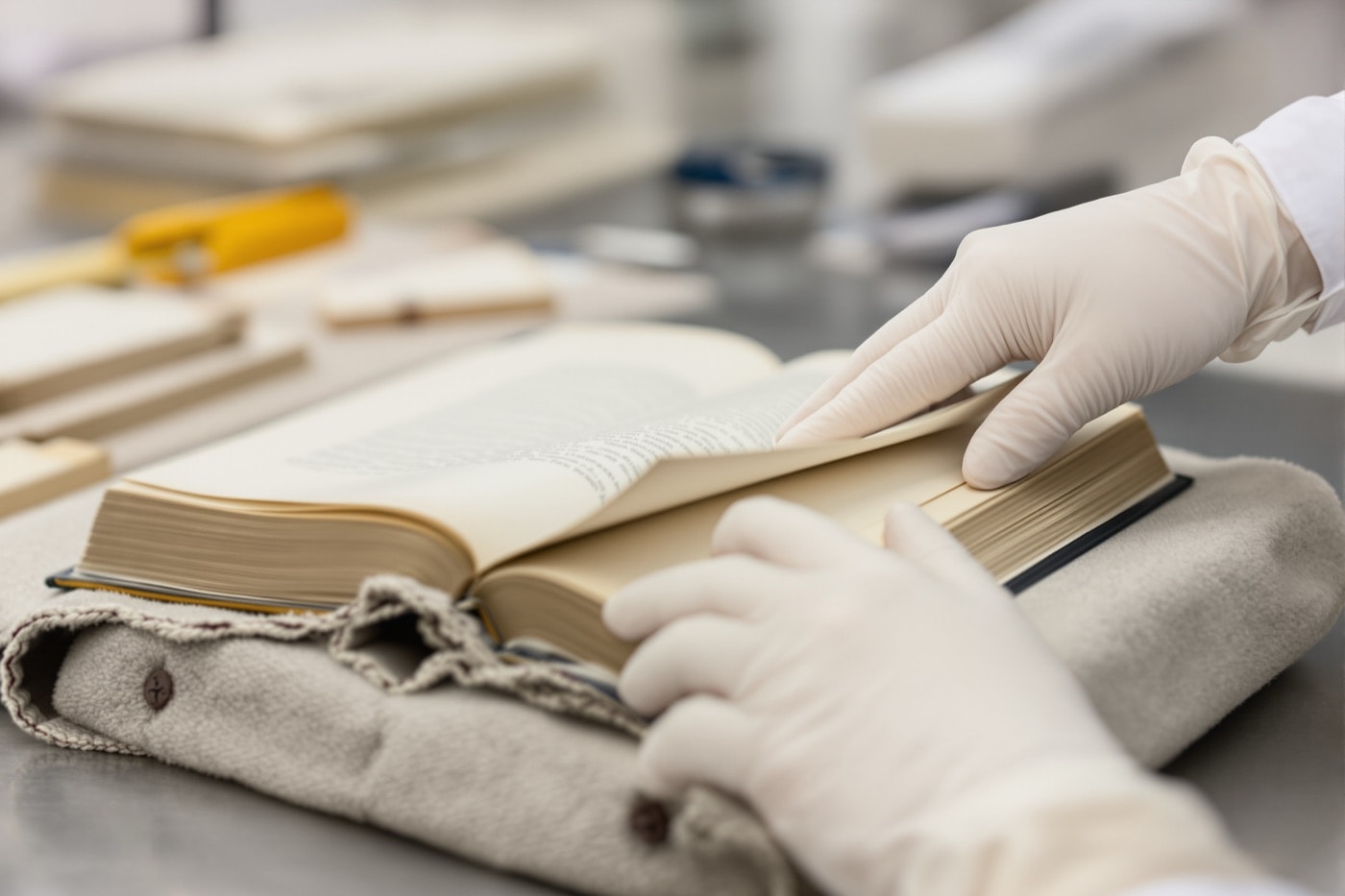 Gloved conservator hands carefully handling a fragile old book on a padded cradle