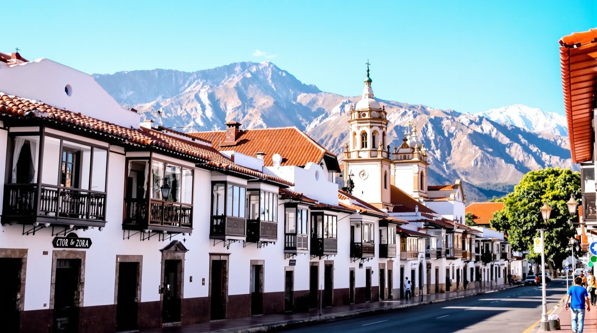 Whitewashed colonial buildings and a church tower in the historic city of Sucre, Bolivia